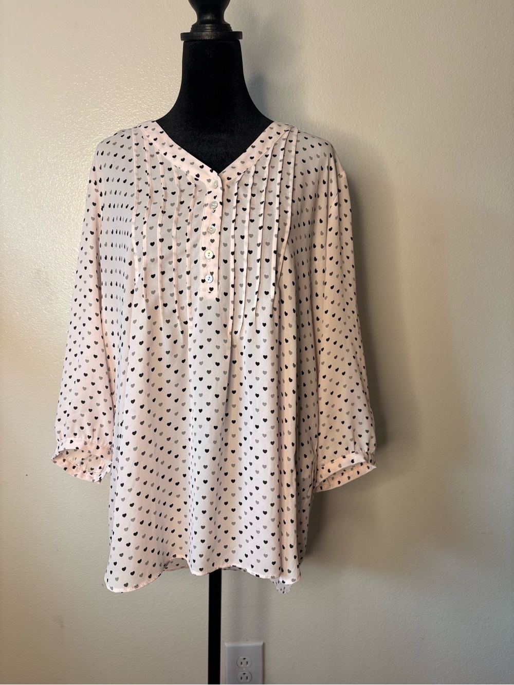 Rose + Olive Light Pink Heart Print Henley Blouse 1X